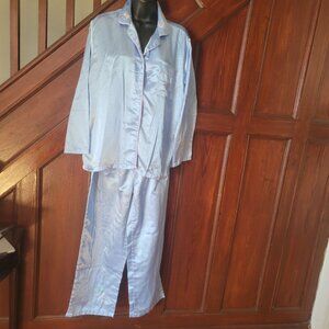 Anthony Richards Womens Light Blue Satin Pajama Set Embroidered Collar Pocket Lp